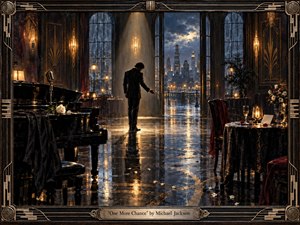 A solitary man in a dark suit stands beneath a soft spotlight in an elegant Art Deco lounge, facing open doors to a rainy city skyline. Warm amber light and cool midnight blues shimmer across the glossy floor, while a piano, white rose, candlelit tables, and ornate frame deepen the painterly mood of longing.