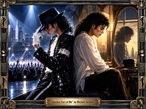 A dramatic split portrait contrasts a glittering stage performer beneath cool blue spotlights with a quiet, reflective figure bathed in warm golden window light. City skylines, cheering crowds, mirrors, and elegant furnishings deepen the duality. An ornate black-and-gold musical frame and engraved title plate complete the polished cinematic composition.
