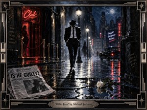 A solitary, sharply dressed figure strides through a rain-slicked midnight city, surrounded by glowing neon, shadowed clubs, and distant towers beneath a pale moon. Deep blacks, crimson reds, and icy blues create a tense noir mood, while wet reflections, newspaper headlines, roses, smoky light, and an ornate piano-key frame suggest fame, suspicion, desire, and secrecy.