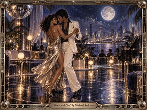 An elegant couple slow dances at the center of a moonlit rooftop lounge, framed by a glittering disco ball, polished black floor, and a sparkling city skyline beyond the water. Gold, silver, deep blue, and violet tones glow under soft lamps and moonlight, while the ornate Art Deco frame and engraved title plate complete the luxurious, romantic, handcrafted scene.