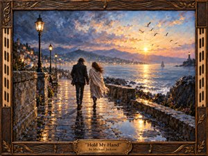 A couple walks hand in hand along a rain-slicked seaside promenade at sunrise, surrounded by glowing lamps, stone walls, distant hillside homes, and circling birds. Warm gold light breaks through blue-gray clouds, reflecting across wet pavement and calm water. Rich painterly textures and an ornate musical frame create a hopeful, romantic atmosphere.