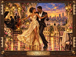 A glamorous couple dances on a flower-filled rooftop terrace at sunset, framed by glowing lanterns, piano music, and a sparkling city skyline. Warm gold, rose, and violet tones create a romantic, celebratory mood. Painterly textures, reflective stone, elegant evening clothes, and an ornate musical frame enrich the scene.