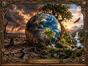 A monumental Earth dominates the composition, divided between a scorched industrial wasteland and a flourishing wilderness of forests, waterfalls, mountains, and wildlife. Warm sunset light contrasts with smoky darkness, creating a mood of grief and fragile hope. Rich digital-painterly detail, cracked soil, foliage, carved wood, bronze accents, and an ornate nature-themed frame deepen the symbolism.