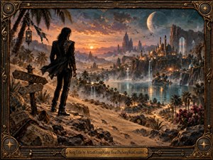 A solitary black-clad figure overlooks a mysterious desert oasis glowing beneath a dramatic sunset and crescent moon. Ornate towers, waterfalls, palms, and mist surround a luminous lake, creating an otherworldly sense of discovery. Warm amber light contrasts with cool blue shadows, while the richly textured, handcrafted fantasy style feels cinematic, romantic, and dreamlike.