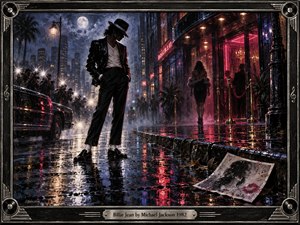 A lone, sharply dressed figure stands on a rain-soaked city street beneath moonlight and neon glow, surrounded by photographers and nightlife shadows. Deep blues, crimson reflections, and warm streetlamps create a tense, cinematic mood. Painterly textures, glossy pavement, vintage architecture, and a discarded photograph add mystery, glamour, and emotional unease.