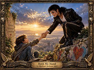 A Michael Jackson-inspired figure reaches down to lift a young boy from a rugged hillside above a glowing city at sunset. Warm gold light breaks through blue-gray clouds, creating a hopeful, compassionate mood. Rich painterly realism, graffiti-marked stone, lush greenery, and an ornate bronze musical frame add texture, symbolism, and cinematic depth.