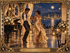 A joyful couple dances on a moonlit terrace overlooking a glowing waterfront city. Warm gold lanterns, cream roses, polished marble, and a black grand piano create an elegant romantic atmosphere. Rich blues and amber highlights enhance the painterly realism, while the ornate musical frame and reflective flooring add theatrical sophistication.