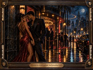 A glamorous couple leans close outside an elegant nightclub on a rain-slicked city street, surrounded by palm trees, glowing towers, luxury cars, and velvet ropes. Deep reds, black, gold, and midnight blue create a sensual, cinematic mood, while reflective pavement, warm lights, and an ornate music-inspired frame add polished drama.