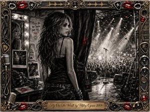 A young pop-rock performer stands backstage between a shadowed dressing room and a blazing concert stage, capturing tension between privacy and fame. Deep charcoal textures, smoky blacks, silver highlights, and vivid red accents create a dramatic mood. Ornate chrome-and-gold musical framing, glowing lights, microphones, cables, crowd silhouettes, and subtle fly motifs enrich the composition.
