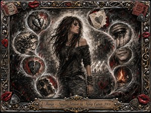 A windswept young woman stands amid a dark, dreamlike charcoal collage of heartbreak and rebellion. Feathered memory bubbles curve around her, revealing broken hearts, tangled cords, tears, notes, fire, and torn photographs. Smoky blacks, silvers, and vivid reds glow against dramatic lighting, framed by ornate chrome, gold, lips, strings, and music motifs.