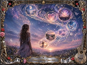 A young woman stands in a twilight meadow, gazing toward glowing dream bubbles sweeping across the sky in a graceful S-curve. Lavender, blue, pink, and gold light creates a hopeful, enchanted mood. Ornate chrome-and-gold framing, roses, red lips, musical instruments, stars, and a polished title plate complete the richly detailed fantasy artwork.