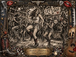 A joyful country-pop dance erupts inside a rustic barn, led by a spirited young performer kicking and singing among clapping dancers. Deep feathered charcoal textures create energetic motion, warmed by sepia light, red accents, and gold highlights. An ornate music-themed frame surrounds the scene, finished with an engraved title plate.