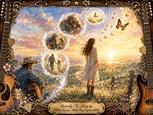 A tender country-inspired watercolor scene shows a young woman facing a radiant sunrise while a fatherly guitarist watches nearby. Feathered memory bubbles sweep upward in an S-curve, recalling childhood moments before dissolving into butterflies. Golden light, pastel skies, wildflowers, and an ornate guitar-themed frame create a nostalgic, hopeful atmosphere.
