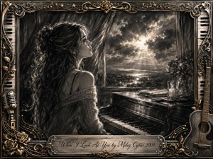 A reflective young woman sits beside a piano, gazing through a window where radiant light breaks through storm clouds. Deep charcoal textures, silvery grays, and warm gold accents create a romantic, hopeful mood. Ornate piano keys, roses, musical notes, microphone, guitar, and engraved title plate frame the cinematic composition.