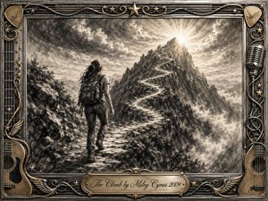 A determined young woman climbs a rugged mountain path toward a brilliant sunrise breaking through dramatic clouds. Deep charcoal textures, smoky shadows, and warm metallic highlights create a reflective, hopeful mood. The ornate chrome-and-gold frame incorporates guitars, strings, stars, wings, and a microphone, with an engraved title plate below.