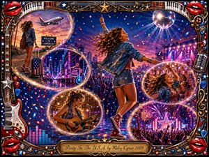 A joyful young woman dances through a glittering American pop celebration, surrounded by neon city lights, concert crowds, fireworks, confetti, and glowing timeline bubbles tracing travel, music, and freedom. Saturated reds, blues, pinks, gold, and chrome shimmer beneath dramatic stage lighting, framed by ornate guitars, piano keys, stars, lips, and musical motifs.