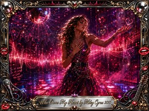 A glamorous young woman stands on a neon-lit disco floor, one hand over her heart and the other reaching toward glowing music waves. Magenta, crimson, violet, and silver lights create a seductive, introspective mood. An ornate chrome-and-gold frame features lips, microphones, guitars, disco balls, and an engraved title plate.