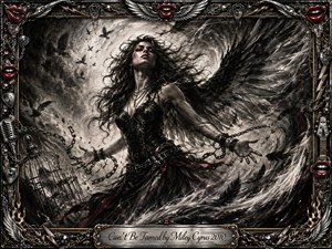A fierce winged woman bursts free from broken chains beside an open cage, embodying rebellion and liberation. Deep charcoal textures, sweeping black feathers, smoky whites, and restrained crimson accents create dramatic motion. Stark backlighting intensifies the stormy atmosphere, while an ornate chrome-and-gold rock-themed frame surrounds the expressive, gothic composition.