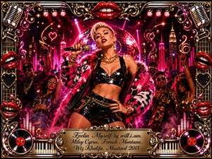 A confident blonde performer commands a neon-lit nightclub stage, surrounded by dancing crowds, glowing skyscrapers, and a mirrored disco ball. Hot pink, red, black, chrome, and gold dominate the glamorous digital painting, while ornate microphones, glossy lips, records, piano keys, and musical flourishes frame the energetic, luxurious composition.