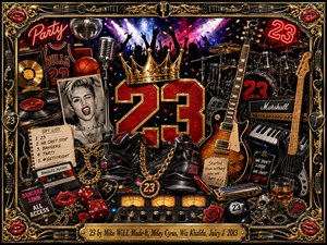 A vibrant mixed-media collage celebrates the swagger and party energy of 23, centered on a huge red-and-gold number beneath a jeweled crown. Black sneakers, guitars, drums, records, microphones, chains, dice, roses, and concert memorabilia surround it. Dramatic stage lights, neon reds, deep blacks, and metallic gold create a flashy, rebellious atmosphere.