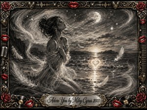 A charcoal-rendered woman kneels beside a moonlit sea, clutching flowing fabric as windblown feathers and mist swirl around her. Silvery grays, deep blacks, and soft golden highlights create a romantic, yearning mood. An ornate frame of red lips, roses, records, musical details, and gold filigree surrounds the luminous scene.