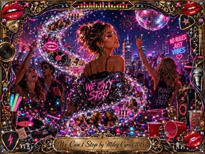 A vibrant neon rooftop party surrounds a confident young woman dancing beneath a glittering disco ball and city skyline. Hot pink, violet, electric blue, and chrome lighting energize the crowded composition, while confetti, speakers, vinyl records, glowing bubbles, and an ornate gold-and-lips frame create a lavish mixed-media pop-art celebration.