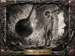 A solitary woman stands amid a shattered interior as a massive wrecking ball hangs nearby, surrounded by rubble, dust, and fractured walls. Deep charcoal textures create a raw, mournful atmosphere, with pale light cutting through the ruins. An ornate chrome-and-gold musical frame, red lips, roses, cables, and engraved title plate complete the dramatic composition.