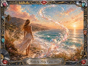 A barefoot woman in a flowing white dress overlooks Malibus glowing coastline at sunset, surrounded by wildflowers, cliffs, turquoise waves, and warm peach-blue skies. Iridescent bubbles and soft feathers sweep through the scene in an elegant S-curve, while an ornate chrome-and-gold musical frame adds playful, richly detailed accents.