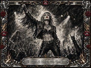 A fierce female rock performer commands a smoky concert stage, microphone raised above a cheering crowd. Deep charcoal textures, sharp white spotlights, and dramatic shadows create rebellious energy, while vivid red lips and roses punctuate the monochrome scene. An ornate chrome-and-gold frame features microphones, piano keys, guitar picks, flames, and an engraved title plate.