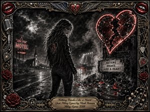 A lone woman stands on a rain-soaked highway beneath stormy skies, surrounded by drifting smoke, distant lights, and a shattered red neon heart. Deep charcoal textures create a brooding, cinematic mood, while vivid crimson accents sharpen the heartbreak. An ornate chrome-and-gold musical frame, roses, lips, strings, and engraved title plate complete the dramatic composition.
