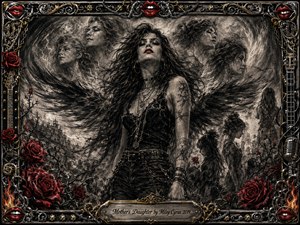 A fierce woman stands at the center of a stormy charcoal dreamscape, surrounded by ghostly female figures suggesting generations of strength. Sweeping black wings, thorny red roses, smoky textures, and faint lightning intensify the rebellious mood. An ornate chrome-and-gold rock frame, crimson lips, chains, and engraved title plate complete the dramatic composition.