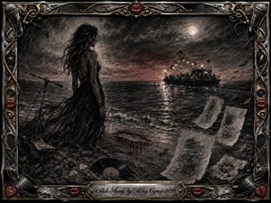 A solitary woman stands beside a microphone on a moonlit shore, watching a distant illuminated boat drift across dark water. Deep charcoal textures, smoky grays, muted crimson, and warm gold create a melancholy farewell mood. Torn papers, records, cables, and guitar fragments scatter below, framed by ornate chrome, musical details, and red lips.
