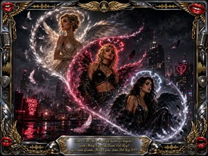Three glamorous, winged women command a rain-slicked neon city rooftop, arranged along a sweeping S-curve of glowing feathers and light. The mood is defiant, seductive, and cinematic, blending black, silver, gold, crimson, and icy white. An ornate chrome-and-gold musical frame, red lips, microphones, chains, and engraved title plate complete the dramatic digital painting.