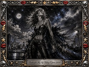 A confident woman stands beneath a star-filled midnight sky, her windswept hair and flowing black garments creating dramatic movement against a glowing moon and distant city skyline. Deep charcoal textures, silvery highlights, and cool blue accents evoke freedom and defiance, while an ornate chrome-and-gold rock frame adds glamorous musical detail.