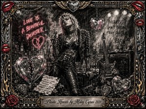 A rebellious rock singer stands amid a smoky urban stage, surrounded by shattered translucent hearts, guitars, amplifiers, and glowing neon. Deep charcoal textures dominate, sharpened by red, pink, chrome, and gold accents. Dramatic spotlights create a gritty nocturnal mood, while an ornate music-themed frame and engraved title plate complete the glam-rock composition.