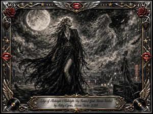 A windswept woman stands beneath a luminous full moon above a shadowy city, surrounded by swirling charcoal clouds, feathers, musical notes, and an ethereal female spirit. Dramatic monochrome textures create a mystical rock atmosphere, while chrome, gold, red roses, lips, stars, vinyl records, and an engraved frame add glamorous detail.