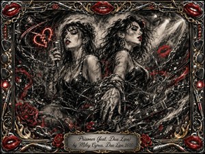 Two rebellious female performers stand entwined in chains, cables, and smoky charcoal textures within a dramatic rock stage setting. Deep blacks, silver chrome, vivid crimson lips, roses, and gold accents create a seductive, defiant mood. Harsh spotlights, a broken neon heart, guitar details, and an ornate music-themed frame intensify the gritty glamour.