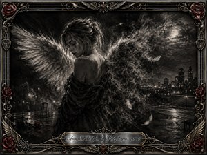 A sorrowful angelic woman stands beneath a moonlit night sky, her enormous charcoal wings dissolving into smoke and drifting feathers. A distant city and empty stage deepen the lonely atmosphere. Silvery grays, black shadows, and muted red roses create dramatic contrast, framed by ornate metallic scrollwork, musical details, wings, and crimson lips.