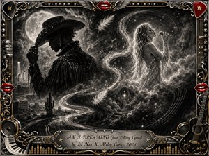 A dreamlike charcoal concert scene pairs a shadowed cowboy figure beneath a glowing moon with an ethereal singer rising through luminous clouds. A winding road and feathered musical currents create an S-shaped composition. Deep blacks, silvery highlights, red lips, gold accents, stars, instruments, and an ornate metallic frame heighten the surreal, emotional atmosphere.