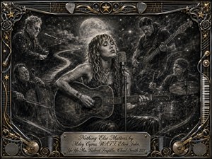 A soulful female guitarist sings beneath a glowing full moon, surrounded by a pianist, cellist, bassist, and drummer emerging from smoky darkness. Deep feathered charcoal textures, silver-gray highlights, and restrained gold accents create a dramatic, intimate mood. An ornate music-themed metallic frame and engraved title plate complete the timeless composition.