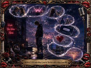 A solitary young man stands above a glowing nighttime city, surrounded by feather-edged memory bubbles curling in an S-shaped path. Deep blues, violets, crimson, and gold create a melancholy, romantic mood. Cinematic lighting, reflective surfaces, roses, neon details, musical symbols, and an ornate gilded frame enrich the dreamlike digital painting.