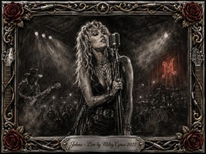 A charismatic female singer commands a smoky live stage, gripping a vintage microphone beneath sweeping spotlights as shadowy musicians and a crowd recede behind her. Deep charcoal textures, silvery grays, crimson roses, and warm gold accents create a dramatic country-rock mood, enclosed by an ornate musical frame and engraved title plate.