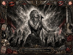 A powerful female singer commands a smoky concert stage, illuminated by radiant white beams and subtle crimson accents. Deep feathered charcoal textures create a dramatic, spiritual atmosphere as silhouetted hands rise from the crowd. An ornate gold-and-chrome rock frame surrounds the scene with roses, instruments, red lips, memorabilia, and an engraved title plate.