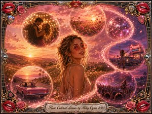 A radiant woman in rose-tinted sunglasses stands amid a glowing sunset landscape, surrounded by dreamlike bubbles tracing an S-curve of romance, road trips, roses, nightlife, and concerts. Warm pinks, golds, coral, and violet create a nostalgic digital-painting atmosphere, framed by ornate chrome, gold filigree, lips, roses, strings, and sparkling musical details.