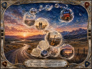 A winding highway crosses a vast mountain valley beneath a glowing sunset and star-filled twilight sky, while luminous memory bubbles sweep upward in an elegant S-curve. Warm gold, amber, rose, and deep blue tones create a wistful, hopeful mood. Painterly watercolor textures, musical details, travel imagery, and an ornate chrome-and-gold frame enrich the dreamlike composition.