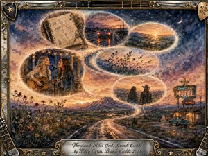 A luminous watercolor roadscape winds through desert mountains beneath a starry twilight sky, with glowing memory bubbles forming a graceful S-curve. Scenes of travel, handwritten notes, wildflowers, sunrise, and two musicians evoke longing and companionship. Warm gold, violet, and blue tones are framed by ornate chrome, strings, picks, and engraved metalwork.