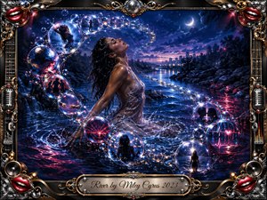 A luminous woman rises from a moonlit river, surrounded by shimmering bubbles that sweep through the scene in a graceful S-curve. Electric blues, silver, crimson, and magenta create a sensual, dreamlike atmosphere. Ornate chrome-and-gold musical framing, red lips, microphones, speakers, and sparkling reflections give the digital painting a glamorous concert-poster finish.