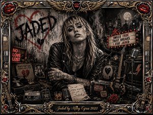 A tattooed blonde singer in a black leather jacket sits amid guitars, drums, amplifiers, records, roses, and weathered memorabilia. Smoky grayscale textures, deep shadows, glowing red neon, and ornate gold-and-chrome framing create a bruised, rebellious mood. Graffiti, broken-heart symbols, handwritten notes, and the engraved title plate reinforce emotional exhaustion and defiant glamour.