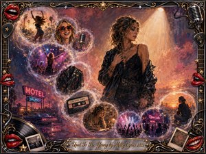 A reflective female singer stands beneath a warm spotlight as feathered memory bubbles sweep around her in an S-curve, revealing concerts, neon nights, photographs, and youthful moments. Rich pinks, golds, purples, and smoky blues create a nostalgic glow. An ornate chrome-and-gold musical frame completes the textured digital painting.