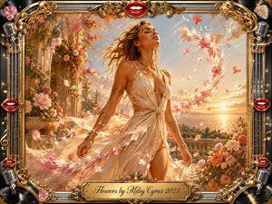 A confident woman in a flowing ivory dress stands on a flower-filled terrace at sunset, surrounded by swirling pink petals and warm coastal light. The radiant composition conveys independence, renewal, and serenity through golden, peach, coral, and cream tones. An ornate chrome-and-gold musical frame, red lips, microphones, records, and engraved title plate complete the glamorous digital painting.